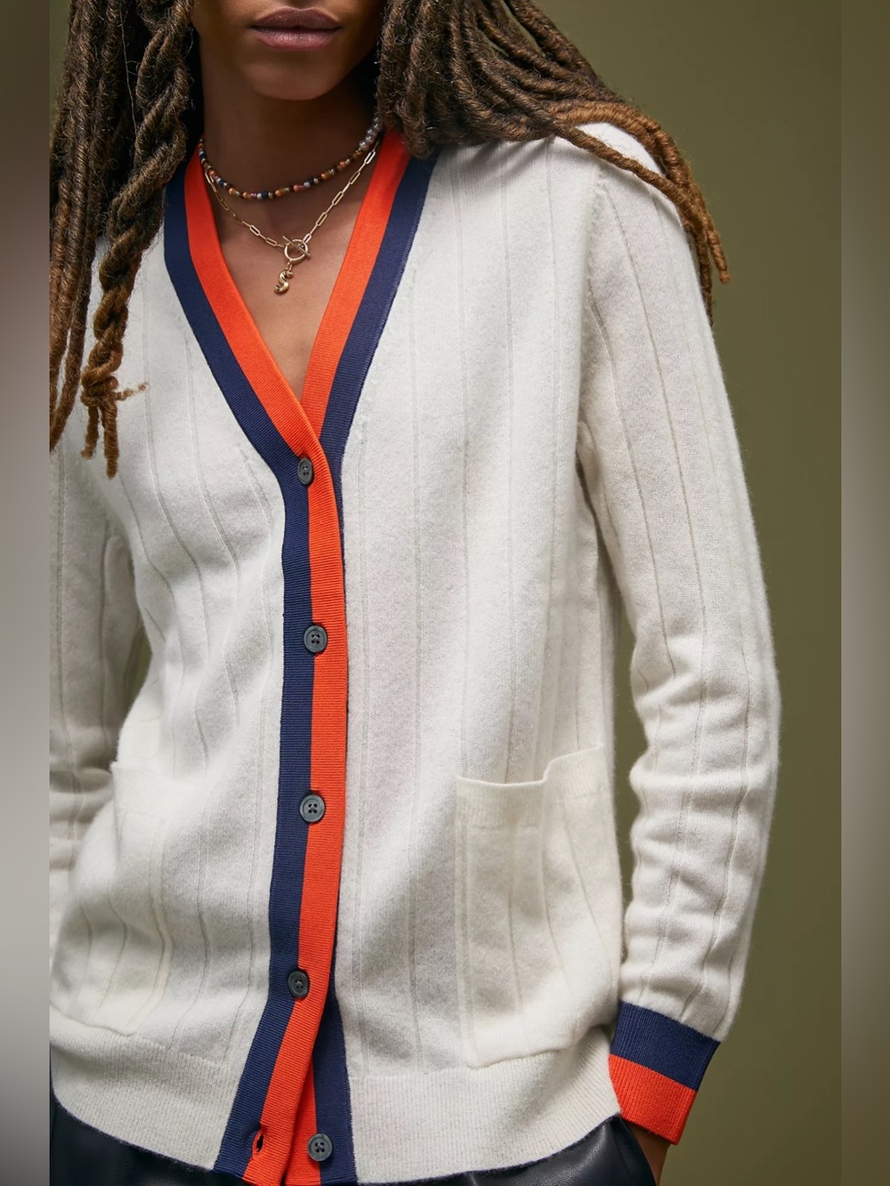 Kule The Sinclair Cashmere Cardigan Button Down Color Cream Red Blue Size XSmall